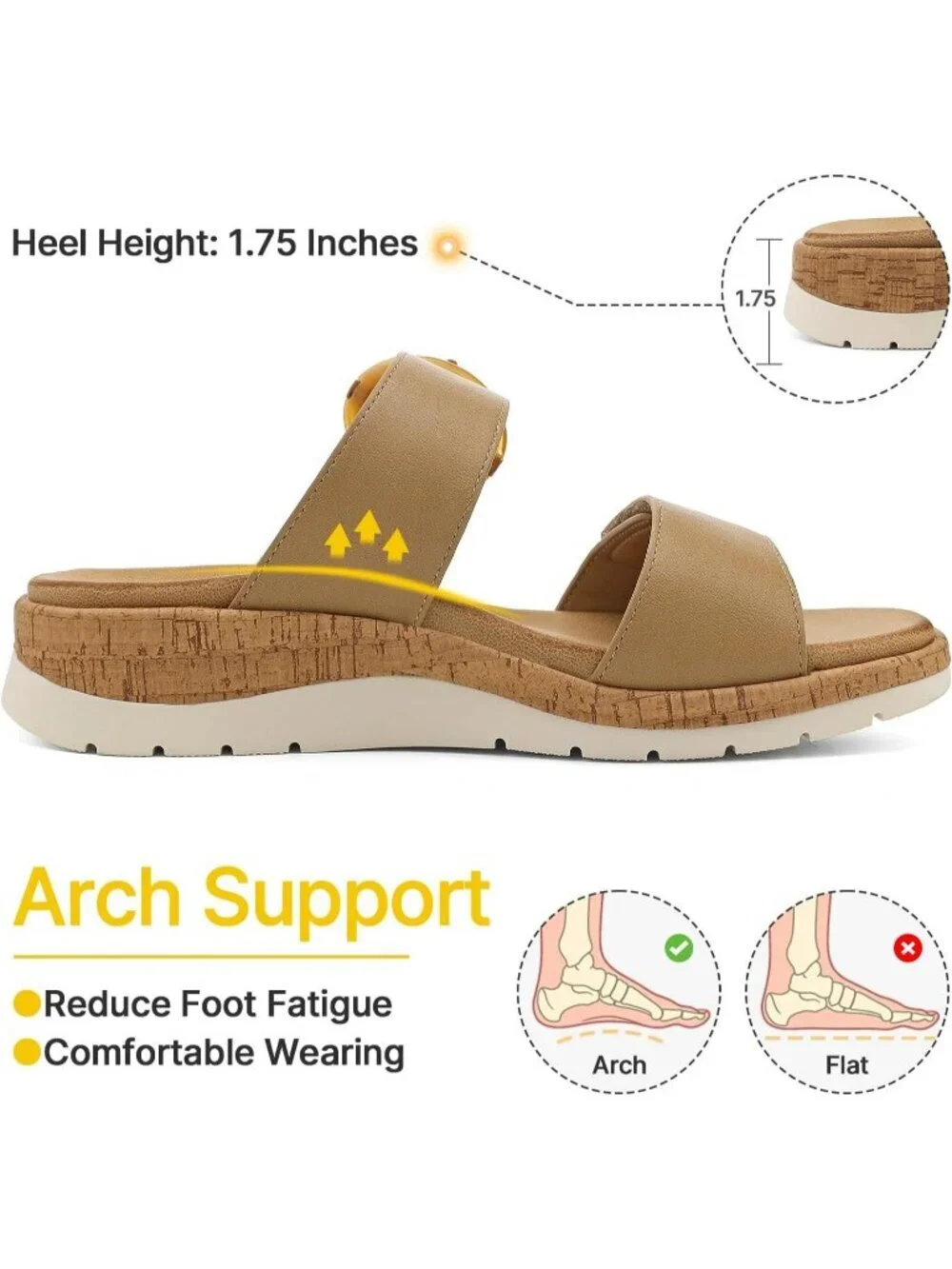 Women's Flat Sandals Slides With Arch Support Khaki Wedge Cushion Summer Shoes - Picture 3 of 6